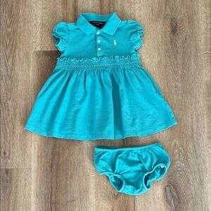 Ralph Lauren 100% Cotton Turquoise Polo Dress with Bloomers Size 12 Months